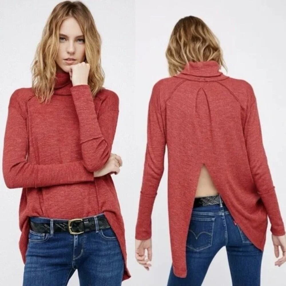 Free People Sienna Red Marled High Low Split Back Turtleneck Boho Top XS